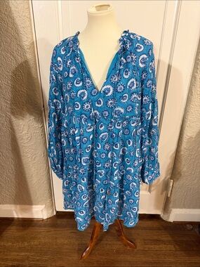 J Marie NWT Teal Blue Printed Long-Sleeve V-Neck Womens 34" Dress